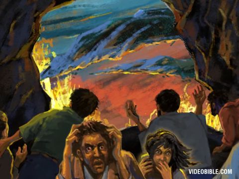 Da verbargen sich die Könige der Erde, die Fürsten, die Generäle, die Reichen, die Mächtigen und alle anderen, Sklaven und Freie, in Höhlen und zwischen den Felsen der Berge. Sie riefen den Bergen und Felsen zu: „Fallt über uns und verbergt uns vor dem Angesicht dessen, der auf dem Thron sitzt, und vor dem Zorn des Lammes! Denn der große Tag ihres Zorns ist gekommen, und wer kann ihm widerstehen?” – Folie 16