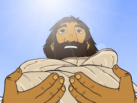 Nachdem Jesus die Menge aufgefordert hatte, sich zu setzen, nahm er die sieben Brote und dankte. – Folie 10