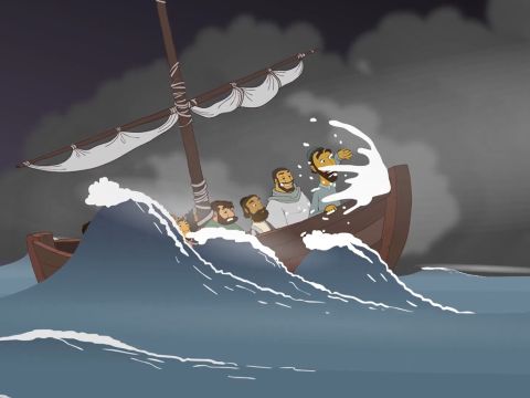 Plötzlich gab es auf dem See einen Sturm. Wellen schlugen in das Boot und es drohte zu sinken. – Folie 5