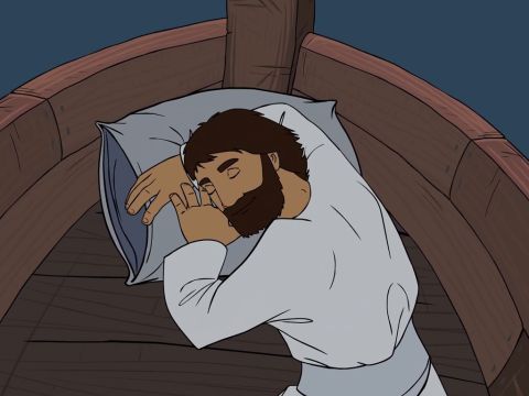 Jesus war hinten im Boot und schlief mit seinem seinen Kopf auf einem Kissen. – Folie 6
