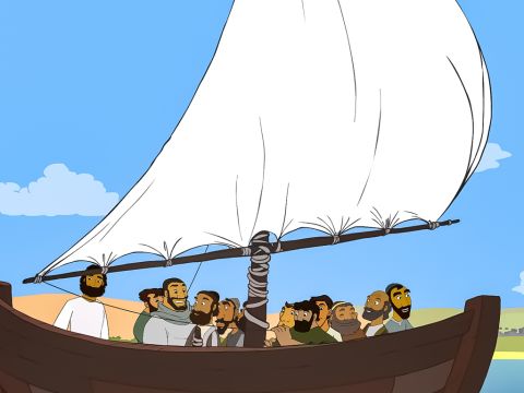 Er stieg wieder in ein Boot und fuhr ans andere Ufer des Sees. – Folie 4