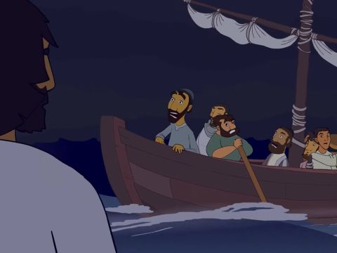 Als die Jünger Jesus auf dem Wasser gehen sahen, dachten sie, er sei ein Geist und fingen an zu schreien. Sie alle sahen ihn und fürchteten sich. – Folie 8