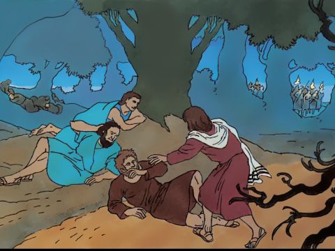 Jesus kehrt dreimal zu seinen Jüngern zurück, doch jedes Mal findet er sie schlafend vor.<br/>„Wie könnt ihr jetzt schlafen? Steht auf! Seht, mein Verräter ist hier.” – Folie 7