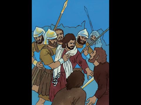 Jesus: „Steck dein Schwert weg, Petrus! Soll ich nicht den Kelch des Leidens trinken, den der Vater mir gegeben hat?”<br/>Jesus berührt das Ohr des Mannes und heilt ihn. – Folie 12