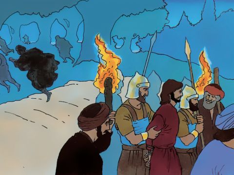 Die Abteilung der Soldaten mit ihrem Hauptmann und den jüdischen Beamten verhaftet Jesus und fesselt ihn.<br/>Jesu Jünger verlassen ihn und fliehen in der Dunkelheit. – Folie 13