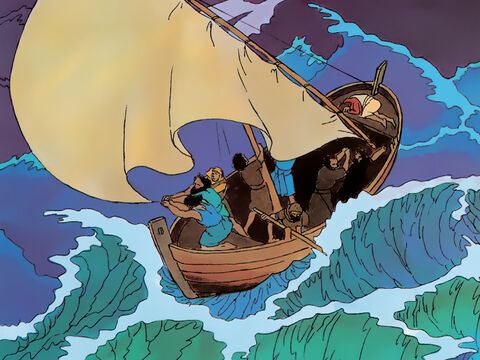 … es gibt einen plötzlichen und heftigen Sturm. Jesus schläft hinten im Boot. – Folie 3