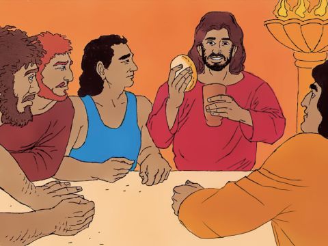 Während sie aßen, nahm Jesus Brot und dankte.<br/>Jesus: „Tut dies oft zu meinem Gedächtnis.“ – Folie 1
