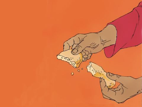 Dann brach er das Brot und reichte es seinen Jüngern.<br/>Jesus: „Nehmt und esst. Dies ist mein Leib.“ – Folie 2