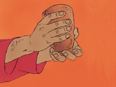 Dann nahm er den Kelch und dankte.<br/>Jesus: „Trinkt von diesem Wein. Es ist mein Blut, das gegeben wird zur Vergebung eurer Sünden. So schließt Gott einen neuen Bund mit euch.“ – Folie 3