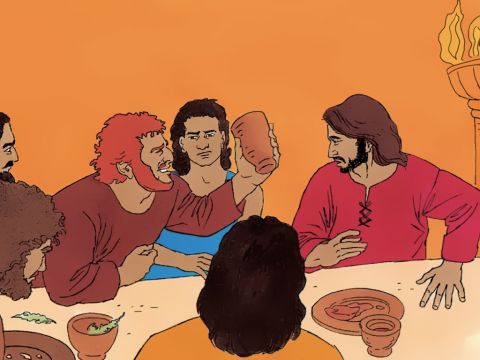 Petrus: „Herr, ich werde dir überallhin folgen. Ich werde mein Leben für dich geben.“<br/>Jesus: „Petrus, bis der Hahn kräht, hast du mich dreimal verleugnet.“ – Folie 6