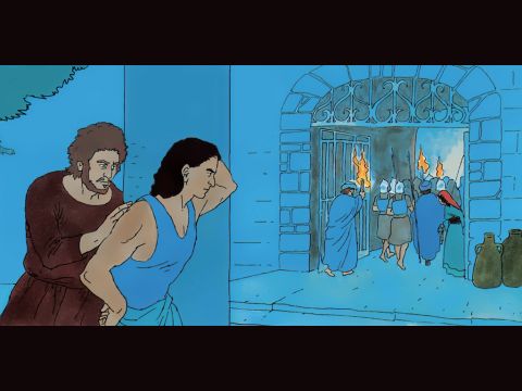 Jesus wird zum Hohepriester geführt, dem Oberhaupt aller jüdischen Führer. Petrus und Johannes folgen ihm in einiger Entfernung. – Folie 1