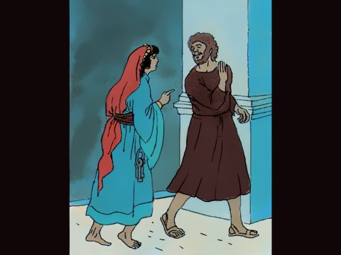 Eine Dienerin, die im Hof ​​Dienst hat, fragt: „Warst du nicht mit Jesus von Galiläa zusammen?“<br/>Petrus: „Nein! Ich kenne den Mann gar nicht.“ – Folie 3