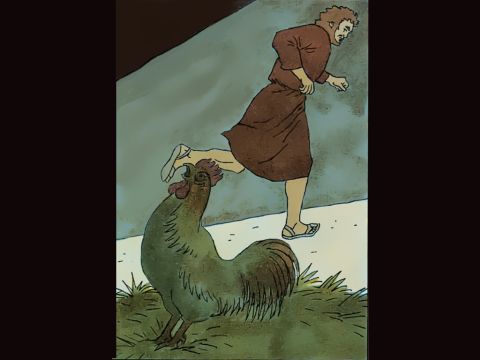 In diesem Moment kräht ein Hahn. „Kikeriki.“ – Folie 6
