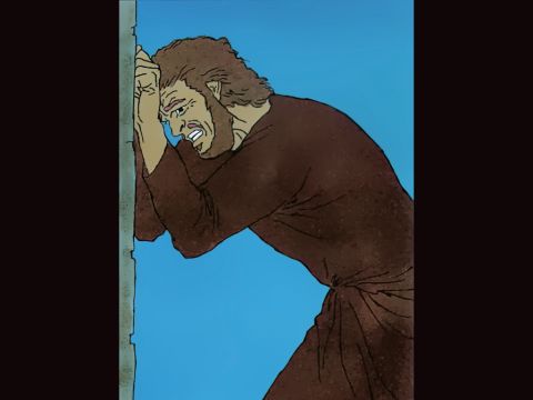 Petrus ist verzweifelt, weil er Jesus dreimal verleugnet hat, genau wie Jesus es angekündigt hatte. Er weint bitterlich. – Folie 8