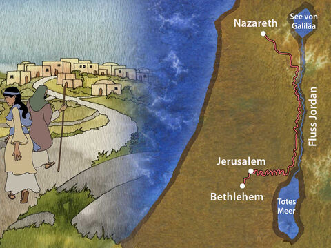 (Kaiser Augustus ordnete eine Volkszählung an.) Da machte sich auf auch Josef aus Galiläa, aus der Stadt Nazareth, in das judäische Land zur Stadt Davids, die da heißt Bethlehem, darum dass er von dem Hause und Geschlechte Davids war, auf dass er sich schätzen ließe mit Maria, seinem vertrauten Weibe; die war schwanger. (Lukas 2,4–5 – Luth) – Folie 14