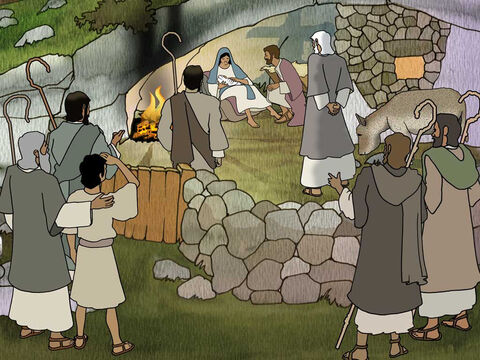 Und da die Engel von ihnen gen Himmel fuhren, sprachen die Hirten untereinander: Lasst uns nun gehen gen Bethlehem und die Geschichte sehen, die da geschehen ist, die uns der Herr kundgetan hat. Und sie kamen eilend und fanden beide, Maria und Josef, dazu das Kind in der Krippe liegen. (Lukas 2,15–16 – Luth) – Folie 20