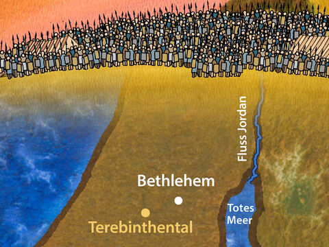 (Saul zog mit den Soldaten Israels gegen ihren stärksten Feind, die Philister.)<br/>Aber Saul und die Männer Israels kamen zusammen und lagerten sich im Eichgrund und rüsteten sich zum Kampf gegen die Philister. (1. Samuel 17,2 – Luth) – Folie 7