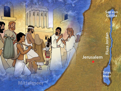 Jesus war ein gläubiger Jude. Er reiste mit seinen Jüngern nach Jerusalem, um ein traditionelles jüdisches Fest zu feiern. Als Jesus in der Stadt Jerusalem war, besuchte er einen ganz besonderen Ort namens Betesda. – Folie 1