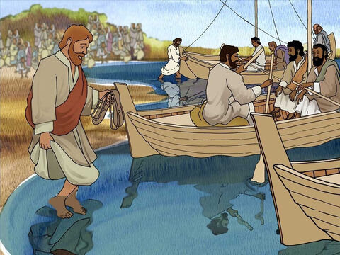 Nachdem Jesus zu der Menge gesprochen hatte wurde es Zeit für ihn zu gehen. Er sagte zu seinen Jüngern, sie sollten auf die andere Seite des Sees von Galiläa fahren. Auf diesem Weg könnten sie der Menschenmenge die ihnen folgte entkommen. – Folie 2