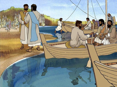 Ein Anderer wollte ein Junger werden; er sagte zu Jesus:  Bevor er mit ihm gehen könnte müsste er Heim gehen und seinen Vater beerdigen. Aber Jesus sagte zu ihm: "Folge mir und lass die Toten ihre Toten begraben." – Folie 5