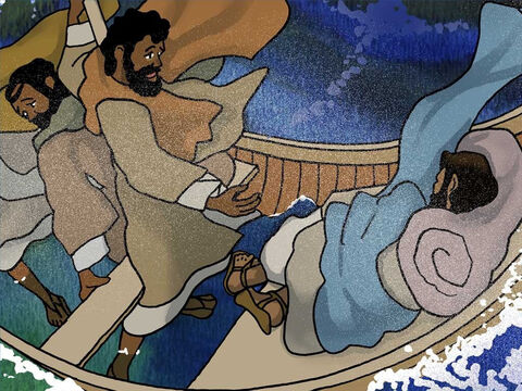 Weil sie Angst hatten, dass sie alle sterben würden entschlossen sie sich Jesus zu wecken. "Rette uns Herr, wir werden sterben!" Jesus fragte: "Warum habt ihr Angst, ihr kleingläubigen Menschen?" – Folie 8