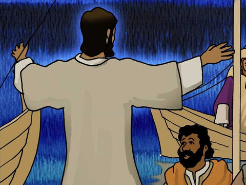 Jesus stand auf, bedrohte den Wind und sofort hörte es auf zu stürmen und die Wellen wurden wieder vollkommen ruhig. Gott hat den Himmel und die Erde durch sein Wort erschaffen (Genesis1). Genauso hat Jesus den See durch sein Wort beruhigt. – Folie 9
