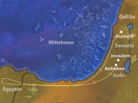 Jesus wurde in Bethlehem geboren. Als König Herodes versuchte, ihn zu töten, forderte ein Engel Josef auf, Jesus nach Ägypten zu bringen. Nach dem Tod von Herodes sagte Gott Josef und Maria, sie sollen Jesus nach Israel und in die Stadt Nazareth zurückbringen. (Matthäus 2,7-23) – Folie 1