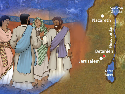 Nur ein kurzes Stück außerhalb Jerusalems, in einem Dorf namens Betanien, lebte eine Geschwisterfamilie, die Jesus willkommen hieß. Ihre Namen waren Maria, Marta und Lazarus. Jesus liebte jedes Mitglied dieser Familie sehr. – Folie 1