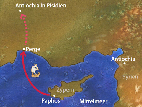 Paulus und seine Gefährten segelten von Paphos nach Perge. Johannes verließ sie jedoch und kehrte nach Jerusalem zurück. Paulus und Barnabas reisten weiter nach Antiochia in Pisidien, und am Sabbat gingen sie in die Synagoge und lehrten. – Folie 18