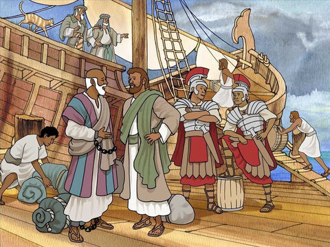 Als Gefangener war Paulus gefesselt und auf dem Weg nach Rom. Es wird angenommen, dass Lukas, der die Apostelgeschichte schrieb, mit Paulus reiste und an dieser erstaunlichen Reise teilnahm. In Rom sollte Paulus vor dem Kaiser vor Gericht gestellt werden. – Folie 1