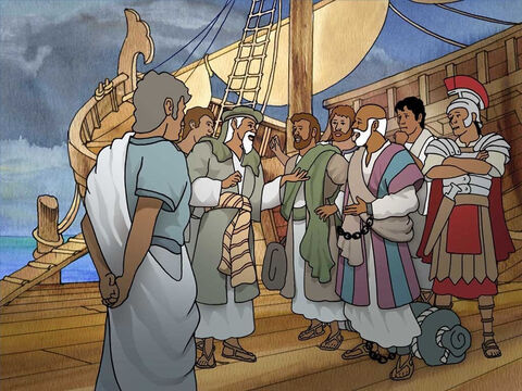 Es war viel Zeit vergangen und die Reise war nun gefährlich. Paulus forderte sie auf, die Reise zu verschieben, da er befürchtete, dass das Schiff in großer Gefahr sein würde. Sie weigerten sich, auf Paulus zu hören und setzten die Segel. – Folie 3