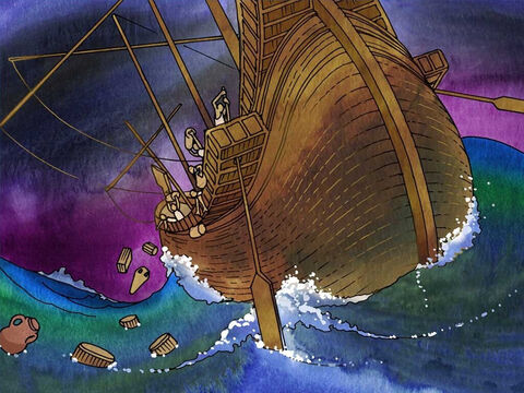 Nicht lange danach verloren sie aufgrund eines heftigen Windes die Kontrolle über das Schiff. Am dritten Tag des Sturms warfen sie die Ladung über Bord, in der Hoffnung, das Schiff über Wasser zu halten. Viele Tage lang erschienen weder Sonne noch Sterne. – Folie 4