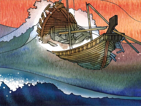 Nach 14 Tagen heftigen Sturms vermuteten sie, dass sie sich dem Land näherten. Das Schiff fuhr auf ein Riff auf und erlitt Schiffbruch. Die Soldaten planten, die Gefangenen, darunter auch Paulus, zu töten, aber der Hauptmann hielt sie davon ab. – Folie 7
