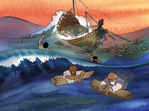 Alle Männer auf dem Schiff schwammen entweder oder nutzten Teile des Bootes, um sicher zum Strand zu gelangen. Es war nicht das erste Mal, dass Paulus Schiffbruch erlitt. Paulus war es gewohnt, zu leiden, während er weiterhin das Evangelium verkündete. – Folie 8
