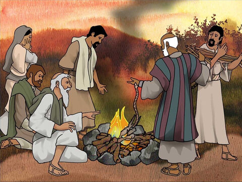 Die Menschen in Malta begrüßten die Schiffbrüchigen mit einem warmen Feuer und Essen. Paulus half beim Sammeln von Holz für das Feuer. Plötzlich griff eine Schlange Paulus an und biss ihn in die Hand, aber Gott verhinderte, dass ihr Gift ihn verletzte. – Folie 9