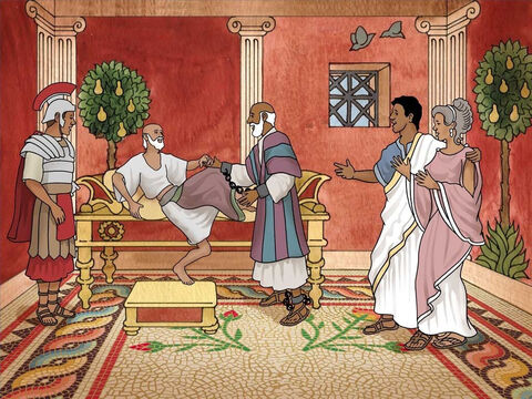 Paulus traf Publius‘ Vater, der schwer krank war. Durch die Kraft Gottes heilte Paulus den Vater von Publius und alle waren erstaunt. Bald kamen viele Kranke auf der Insel zu Paulus, um Heilung zu suchen und das Evangelium zu hören. – Folie 11