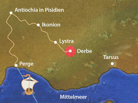 Am nächsten Tag reisten Paulus und Barnabas weiter nach Derbe, wo sie den Menschen erneut mutig von Jesus erzählten. Viele in Derbe glaubten und begannen, Jesus als ihrem Herrn und Erlöser zu folgen. – Folie 11