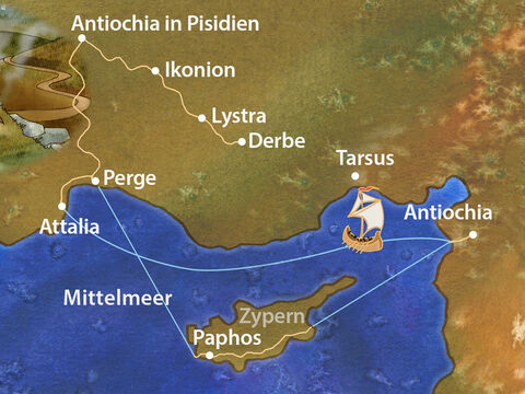 Nach Abschluss dieser ersten Missionsreise reisten Paulus und Barnabas viele Kilometer zu Fuß und mit dem Boot zurück nach Antiochia. – Folie 13