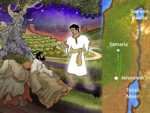 Ein Engel des Herrn aber redete mit Philippus und sagte: „Mach dich bereit und geh nach Süden zu der Straße, die von Jerusalem nach Gaza hinabführt. (Diese Straße ist öde.) Apostelgeschichte 8,26 – Folie 9