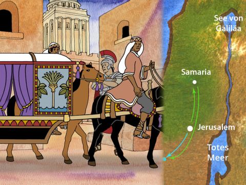 Da machte er sich bereit und ging. Da war ein äthiopischer Eunuch, ein Hofbeamter der Kandake, der Königin der Äthiopier, der über ihren gesamten Schatz verfügte. Er war nach Jerusalem gekommen, um anzubeten. Auf dem Rückweg saß er in seinem Wagen und las den Propheten Jesaja. Apostelgeschichte 8,27-28 – Folie 10