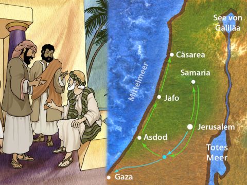Philippus aber fand sich in Aschdod wieder und predigte auf seiner Durchreise das Evangelium in allen Städten, bis er nach Cäsarea kam. Apostelgeschichte 8,40 – Folie 17