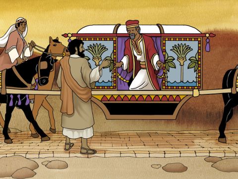 Da sprach der Geist zu Philippus: „Geh hinauf und schließ dich diesem Wagen an!”<br/>Philippus lief hinzu und hörte ihn den Propheten Jesaja lesen und fragte: „Verstehst du, was du liest?”<br/>Er aber sprach: „Wie könnte ich das, wenn mich niemand anleitet?” Und er lud Philippus ein, zu ihm zu kommen und sich zu ihm zu setzen. Apostelgeschichte 8,29-31 – Folie 11