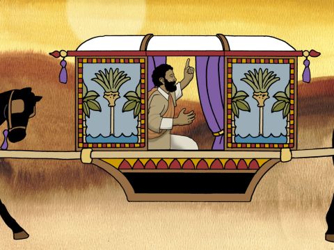 Der Eunuch antwortete Philippus und sprach: „Sag mir doch, von wem sagt der Prophet das? Von sich selbst oder von jemand anderem?”<br/>Da öffnete Philippus seinen Mund und predigte ihm, ausgehend von dieser Schrift, die Botschaft von Jesus. Apostelgeschichte 8,34-35 – Folie 14