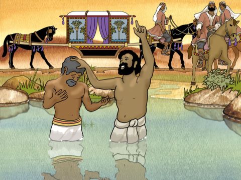 Als sie den Weg entlangfuhren, kamen sie an ein Wasser. Da sagte der Eunuch: „Sieh! Da ist Wasser! Was hindert mich daran, getauft zu werden?“ …<br/>Und er befahl, den Wagen anzuhalten. Und sie stiegen beide ins Wasser hinab, Philippus und der Eunuch, und er taufte ihn. Apostelgeschichte 8,36–38<br/>Anmerkung: Spätere Übersetzungen fügen Folgendes hinzu: Und Philippus sagte: „Wenn du von ganzem Herzen glaubst, kannst du getauft werden.“<br/>Und er antwortete und sprach: „Ich glaube, dass Jesus Christus Gottes Sohn ist.“ – Folie 15