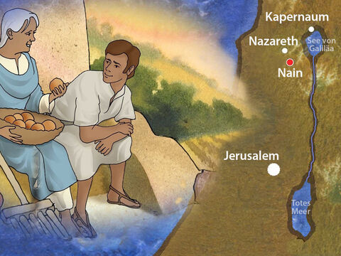 Jesus und seine Jünger reisten nach Süden in ein Dorf namens Nain. Auf Hebräisch bedeutet Nain „grüne Weiden“ oder „lieblich“. Nain lag 40 km (25 Meilen) südwestlich von Kapernaum. Dort lebten ein junger Mann und seine verwitwete Mutter. – Folie 1
